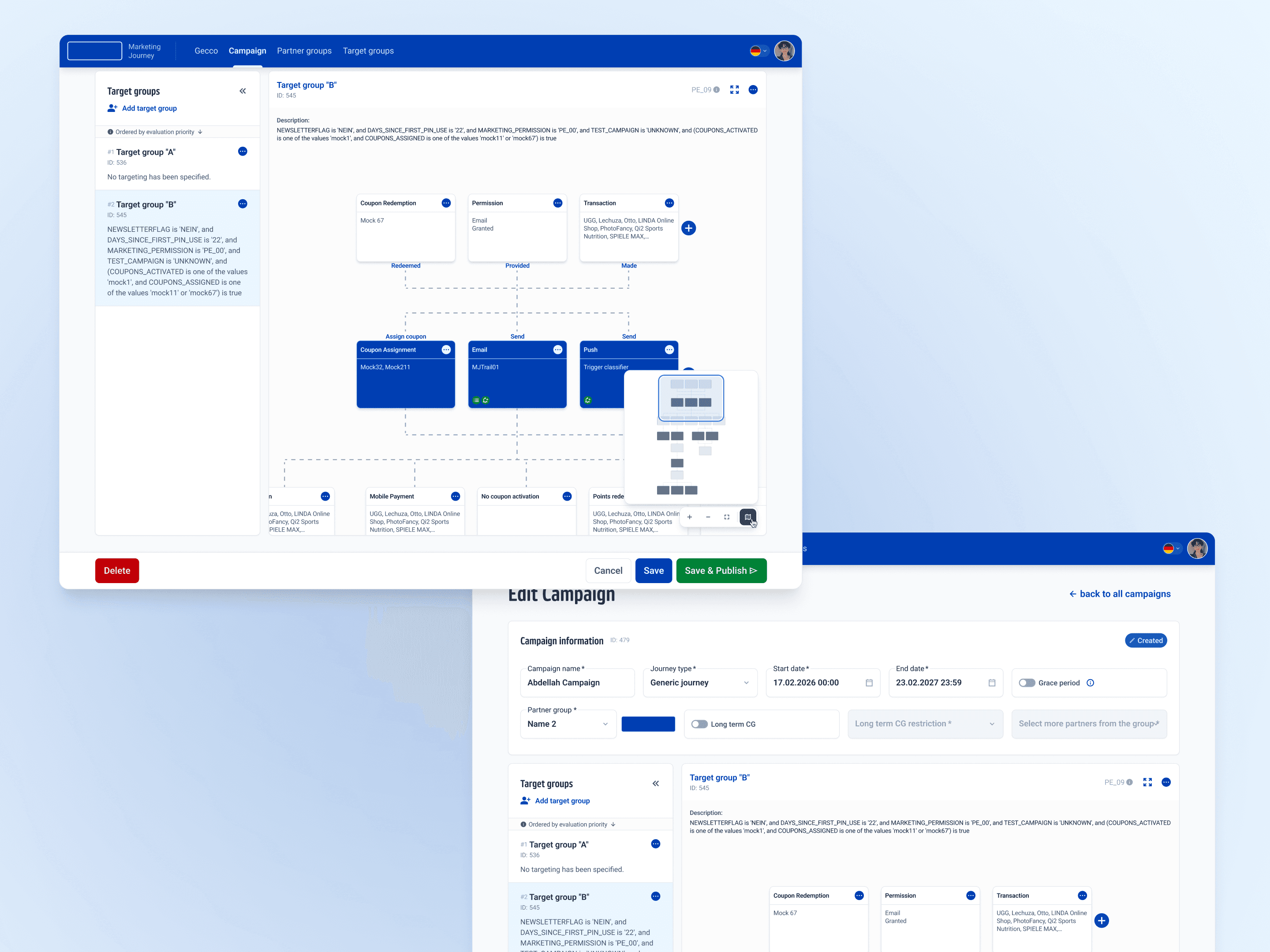 Campaign builder screens: target-group rules on a journey canvas and the edit-campaign form