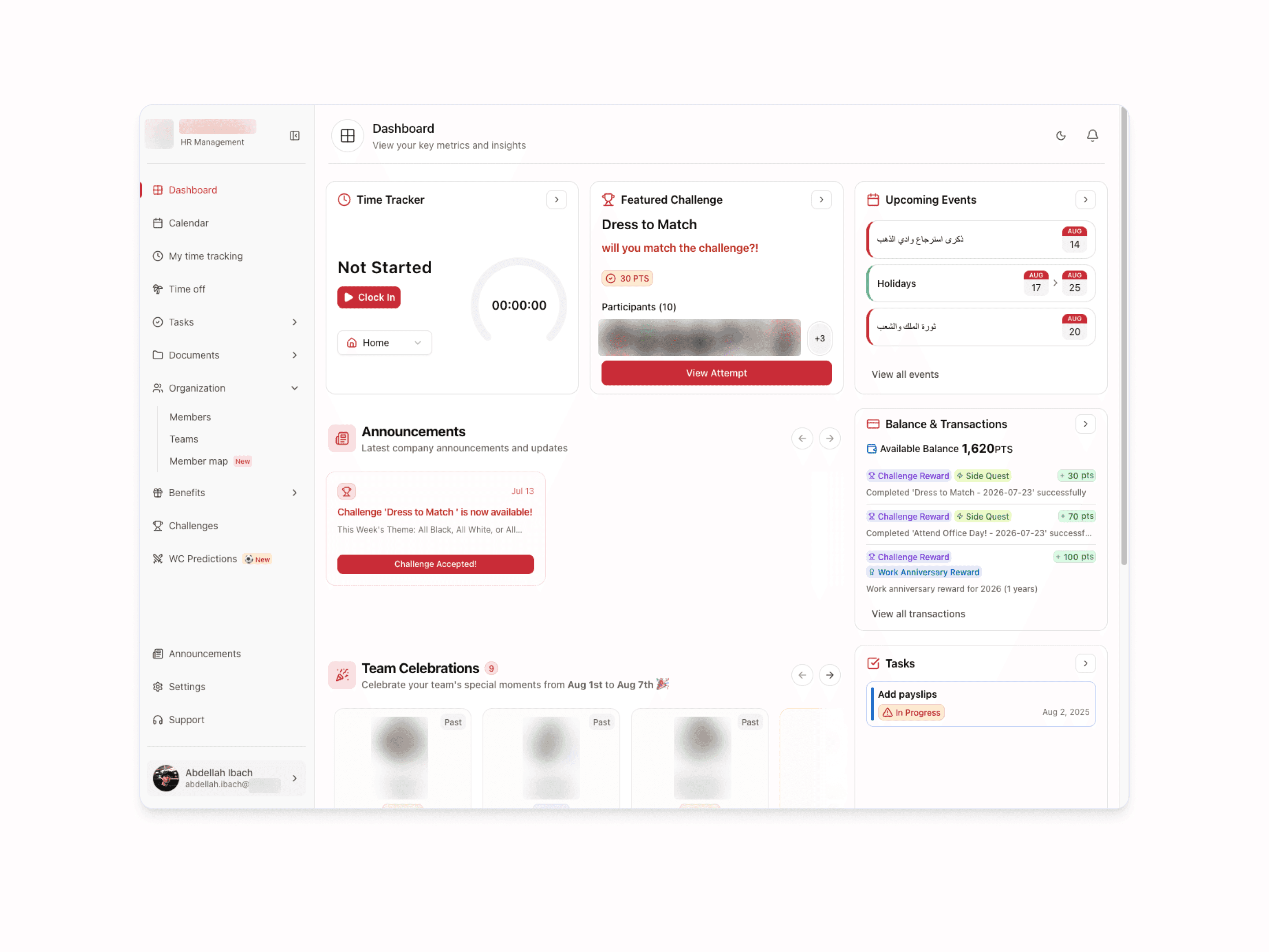 HR platform dashboard with time tracker, featured challenge, upcoming events and tasks